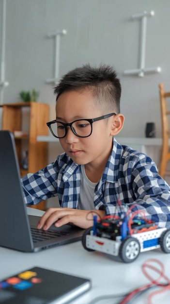Un garçon asiatique apprend à coder et à programmer avec un ordinateur portable pour une voiture robot Arduino