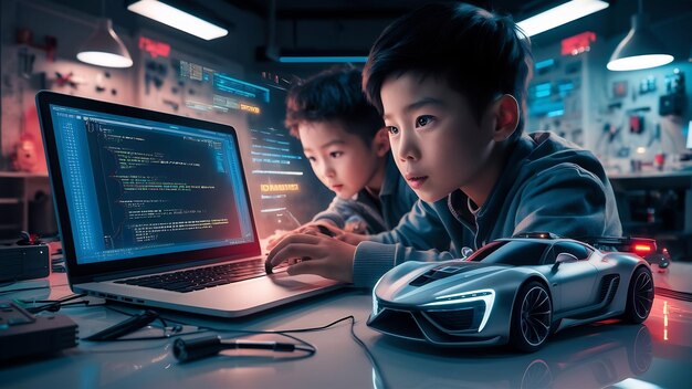 Un garçon asiatique apprend à coder et à programmer avec un ordinateur portable pour une voiture robot Arduino