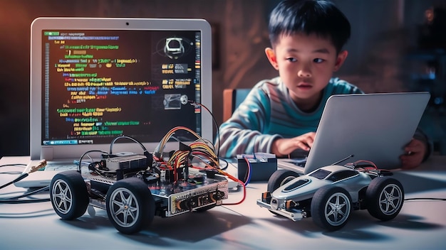 Un garçon asiatique apprend à coder et à programmer avec un ordinateur portable pour une voiture robot Arduino