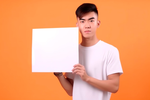 Photo garçon asiatique avec un geste sérieux sur fond orange montrant un carton blanc pour insérer une maquette de texte