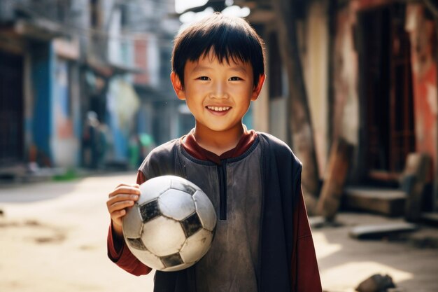 Un garçon asiatique reste sur un fond de rue asiatique et tient son ballon de football ai générative