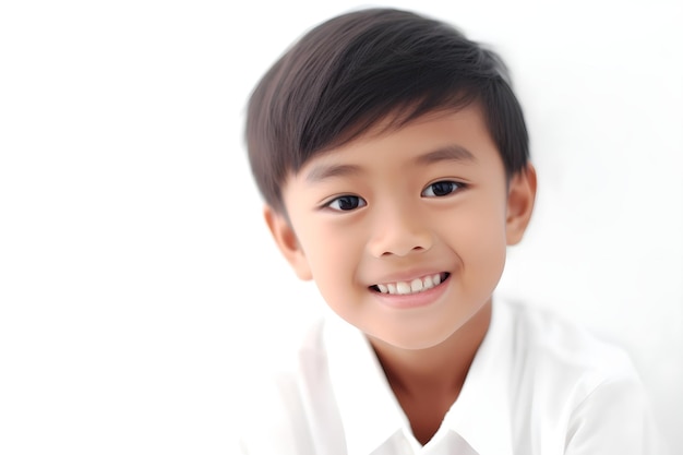 Un garçon asiatique souriant porte une tenue blanche sur fond blanc