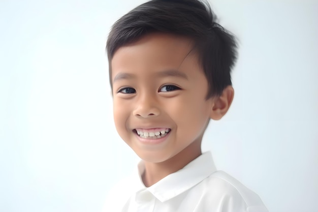Un garçon asiatique souriant porte une tenue blanche sur fond blanc