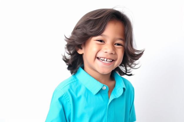 Un garçon asiatique souriant porte une tenue bleue sur fond blanc