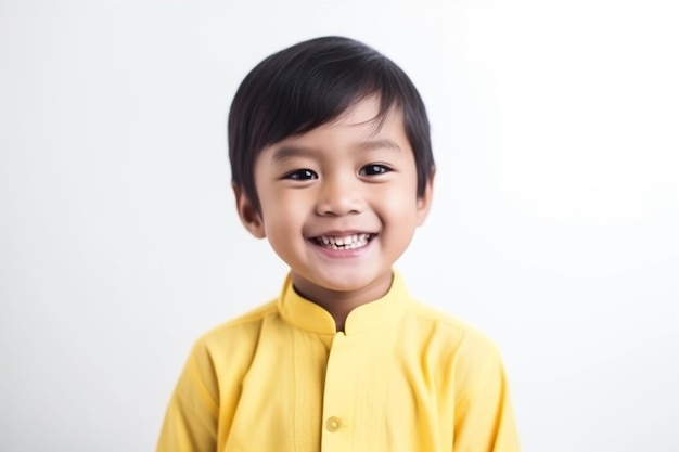 Un garçon asiatique souriant porte une tenue jaune sur fond blanc