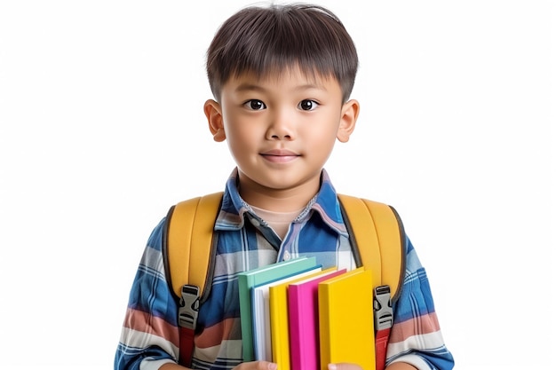 Un garçon asiatique tenant des livres sur fond blanc Concept de retour à l'école