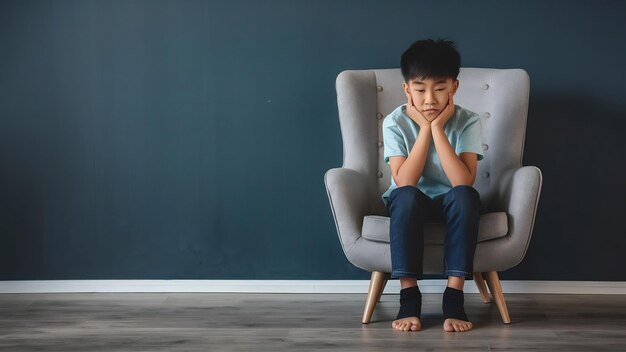 Un garçon asiatique triste, pré-adolescent, assis seul dans une grande chaise face au mur, déprimé, conscient de l'autisme.