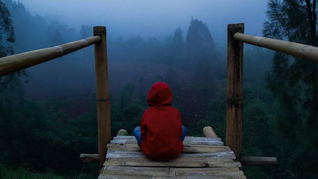 Photo un garçon assis et appréciant la vue