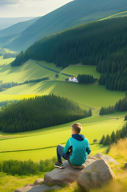 Garçon assis au sommet d'une colline dans un champ d'herbe et profitant d'une belle vue sur le paysage