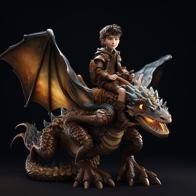 Photo un garçon assis et chevauchant un dragon dans le style d'anime rendu en 3d