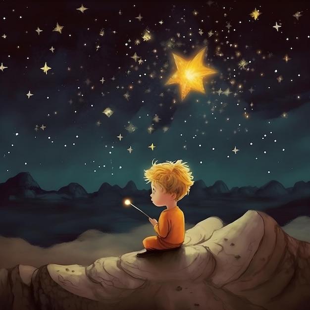 Photo un garçon assis sur un rocher tenant une étoile devant un ciel étoilé.