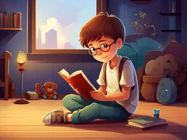 Un garçon assis sur le sol et lisant un livre.