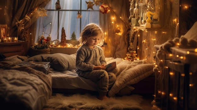 Garçon attendant le cadeau du Père Noël dans la chambre le soir du Nouvel An