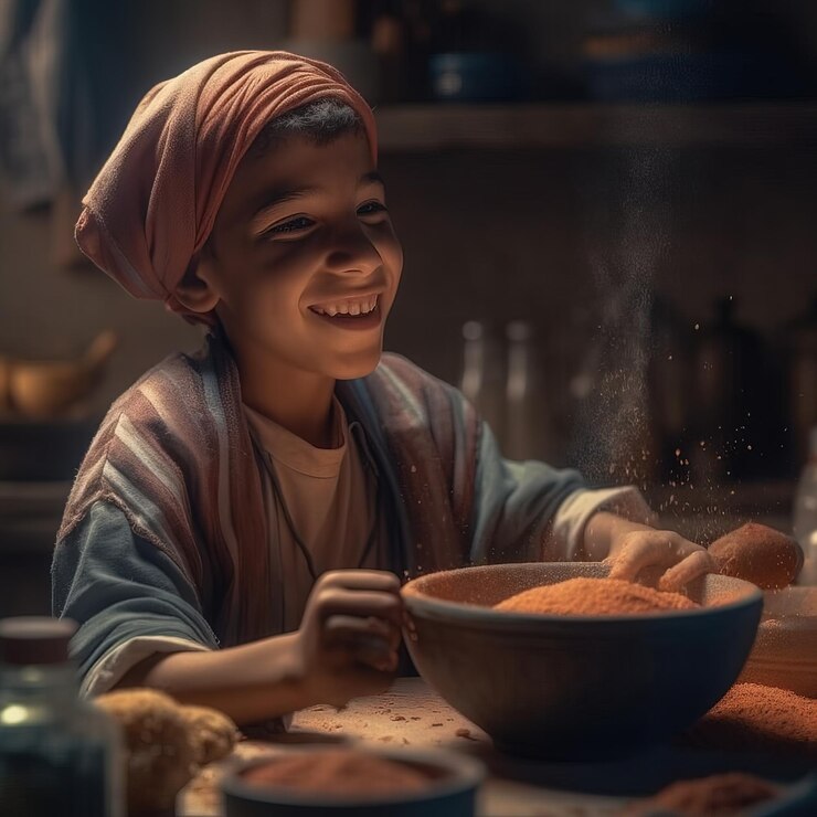 Photo un garçon au turban rose est assis à une table devant un bol d'épices.