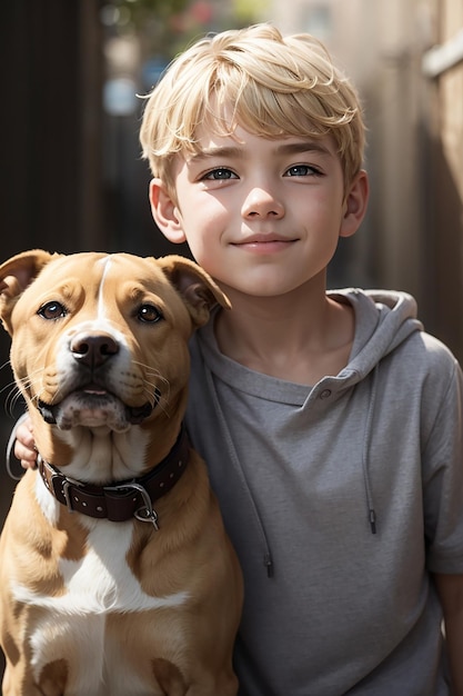 un garçon aux cheveux blonds et aux yeux gris debout avec son chien pit bull qui a l'air malicieux