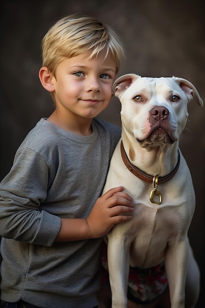 garçon aux cheveux blonds et aux yeux gris debout avec son chien pitbull à l'air espiègle