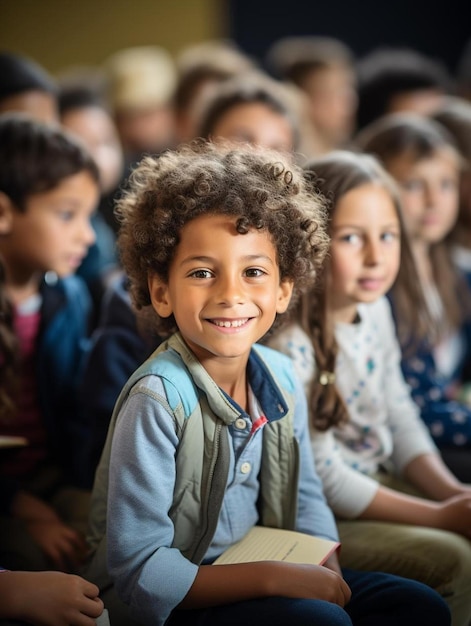 un garçon aux cheveux bouclés est assis dans une salle de classe avec d'autres enfants.