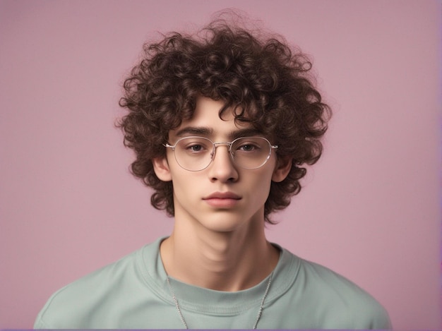 Un garçon aux cheveux bouclés portant des vêtements tendance et des lunettes argentées sans monture