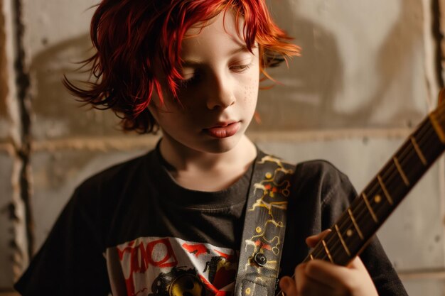 Photo un garçon aux cheveux roux et au t-shirt de groupe qui gratte des accords