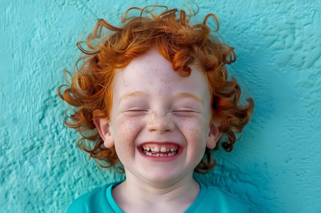 Un garçon aux cheveux roux joyeux riant sur un fond turquoise pour une enfance heureuse.
