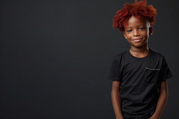 Photo un garçon aux cheveux roux portant une chemise noire avec un logo blanc sur le devant