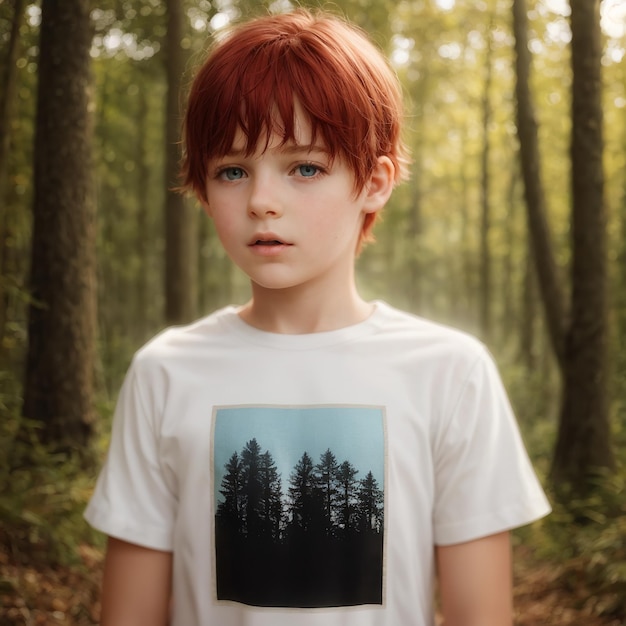 un garçon aux cheveux roux se tient dans une forêt avec des arbres en arrière-plan.