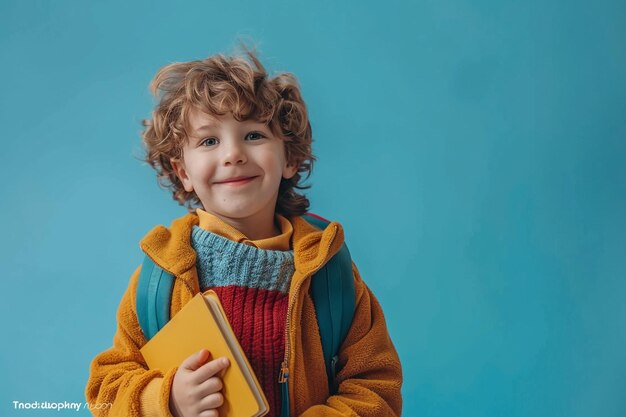 un garçon aux cheveux roux tenant un livre et un livre jaune