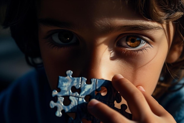 Un garçon aux yeux bruns et au nez bleu tient un morceau de métal.