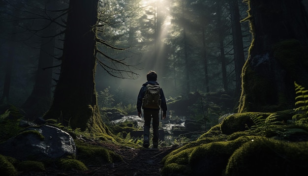 Un garçon aventureux explore une forêt inconnue.