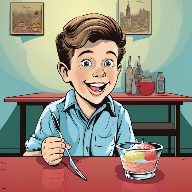 Photo le garçon de la bande dessinée rétro mange sur la table