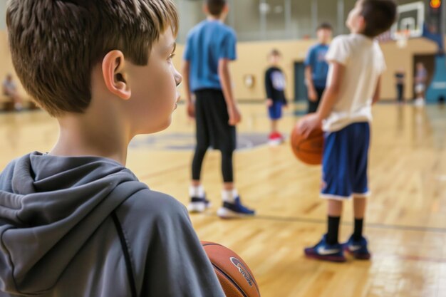 Un garçon avec un basket-ball qui regarde des enfants plus âgés jouer.