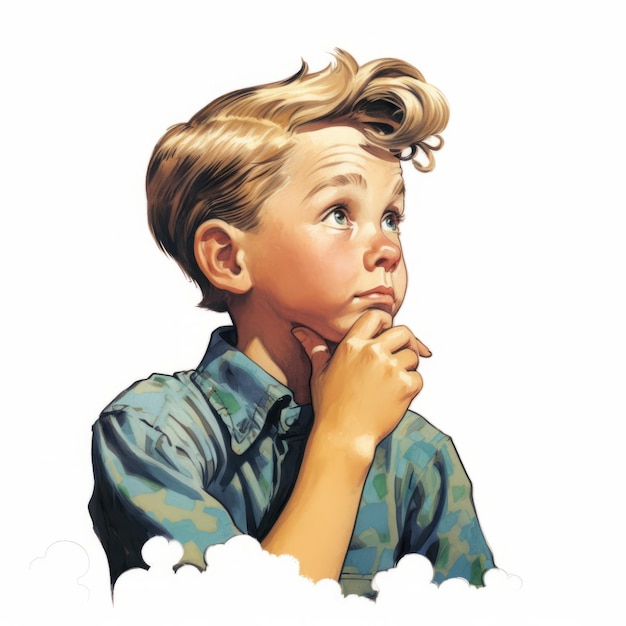 Un garçon blanc dans la pensée et les doutes pose une illustration rétro aux couleurs douces Jeune personnage masculin avec un visage rêveur sur fond abstrait Affiche vintage pastel générée par Ai