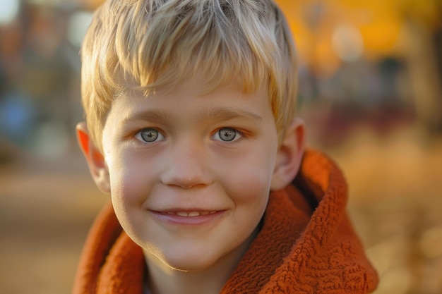 Un garçon blond souriant avec strabisme dans un parc chaud transmettant la beauté de l'enfance