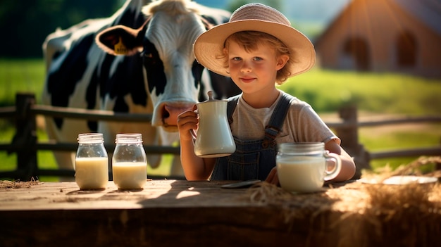 un garçon boit du lait frais sur le fond d'une ferme de vaches