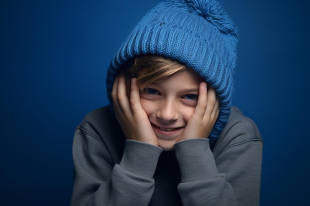 un garçon avec un bonnet tricoté bleu rit sur fond bleu
