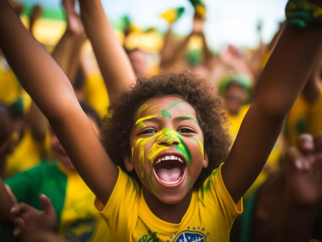 Un garçon brésilien célèbre la victoire de son équipe de football