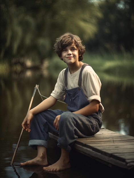 un garçon avec une canne à pêche sur un quai en bois