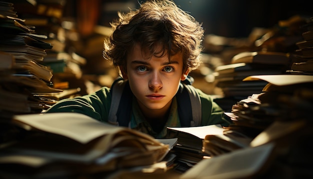 Photo un garçon caucasien étudiant entouré de livres dans une bibliothèque générés par l'intelligence artificielle