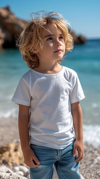 Un garçon caucasien en T-shirt blanc et en jeans sur le fond d'une plage de sable de la mer