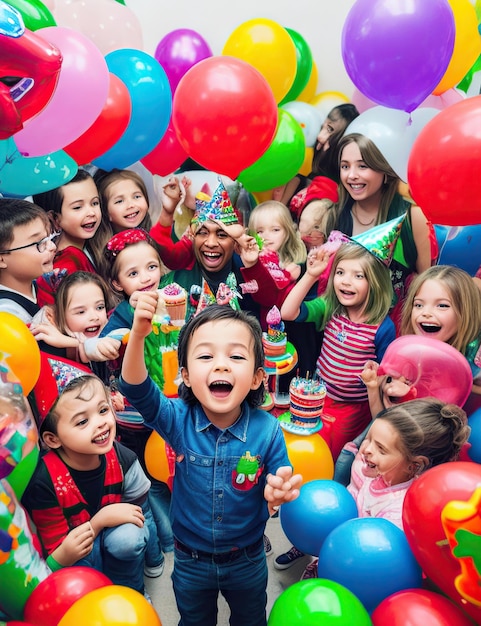 Garçon célébrant son anniversaire entouré de ballons d'amis et d'un gâteau