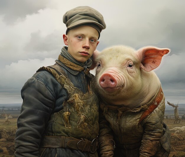 Photo un garçon avec un chapeau et un cochon avec un garçon dans un gilet et un chopeau