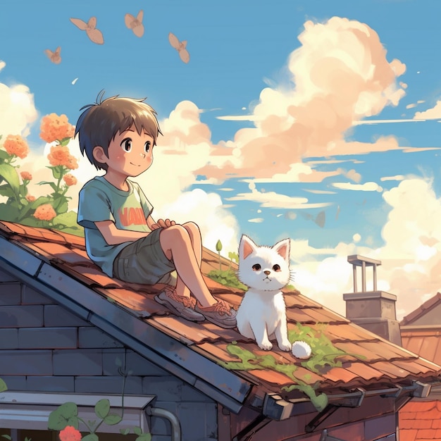 un garçon et un chat sont assis sur un toit avec un fond de ciel.