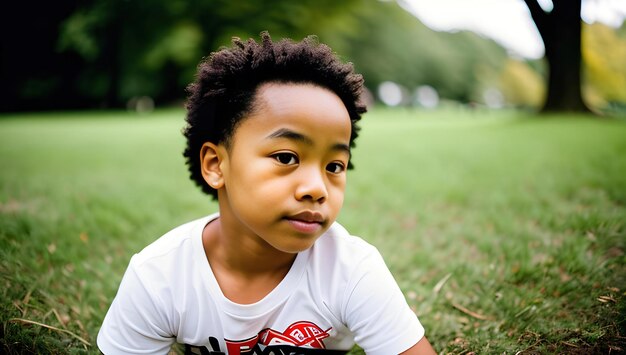 Un garçon en chemise blanche avec le mot "je ne suis pas un enfant" dessus.