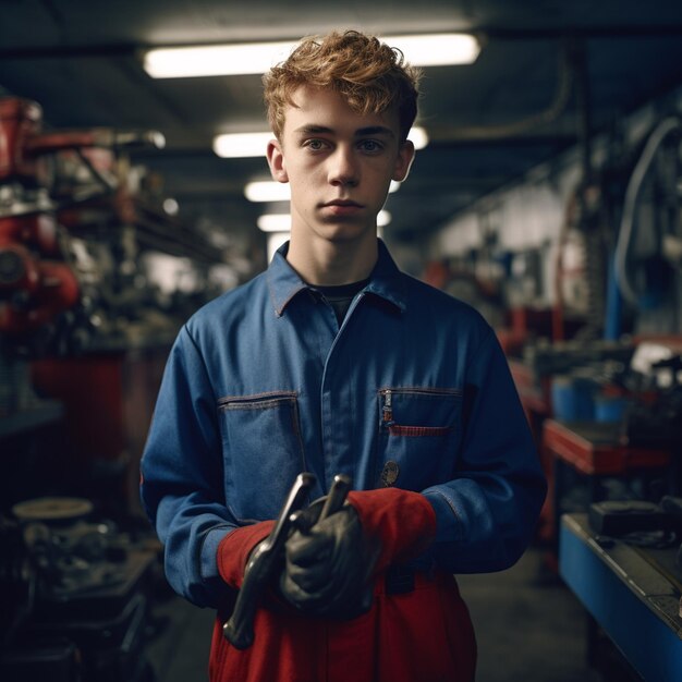 Un garçon en chemise bleue avec une chemise bleu et une chemise blue qui dit "il est un mécanicien".