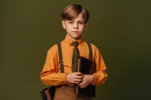 Un garçon en chemise orange tient un livre dans ses mains.