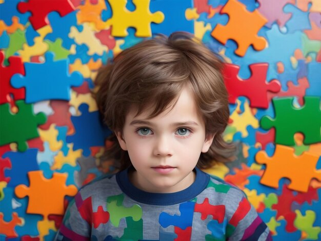 Photo un garçon avec une chemise se tient devant un puzzle coloré