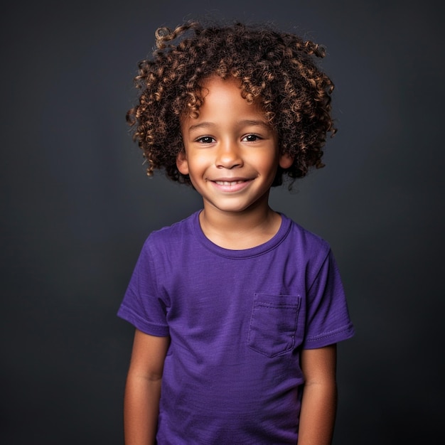 Photo un garçon avec une chemise violette qui dit qu'il sourit