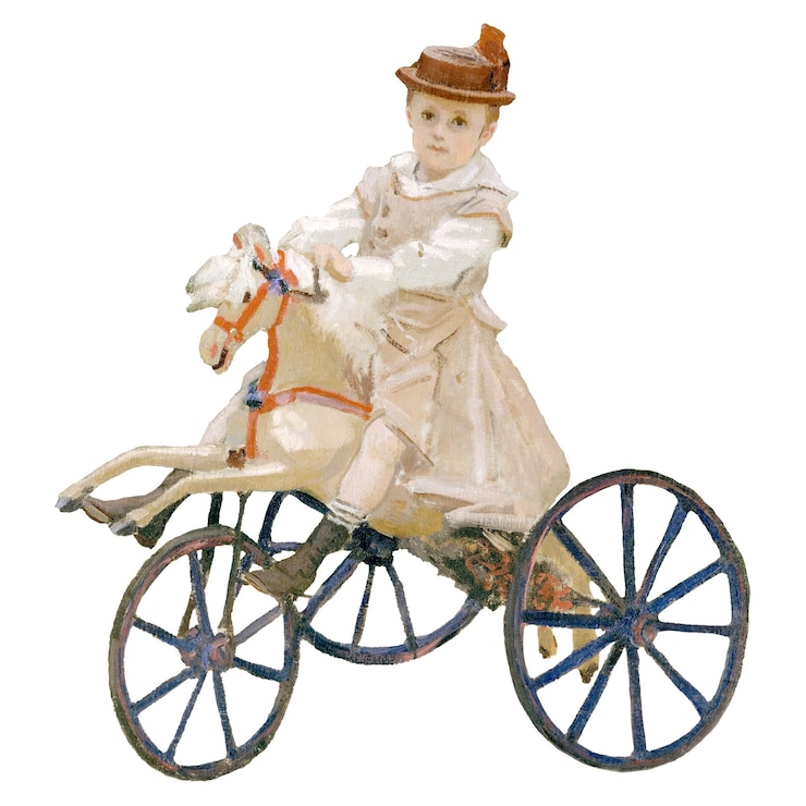 Photo garçon à cheval sur un poney à tricycle remix basé sur une peinture de claude monet
