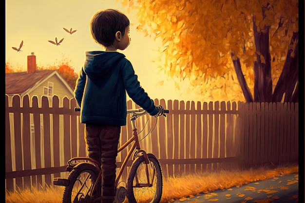 Garçon à cheval sur le vélo Garçon sur un vélo en regardant la vue d'automne Peinture d'illustration de style d'art numérique