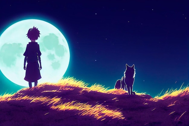 Garçon avec un chien sur le fond de la lune dans un style anime